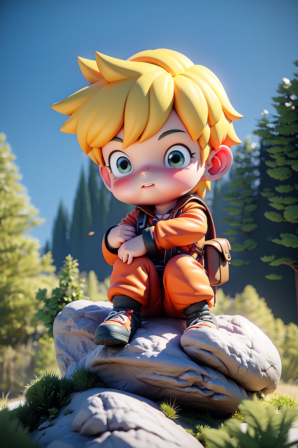 1boy, blonde hair, plant, outdoor, In the forest, backpacking, exploring, grass, rocks, ,sitting, 