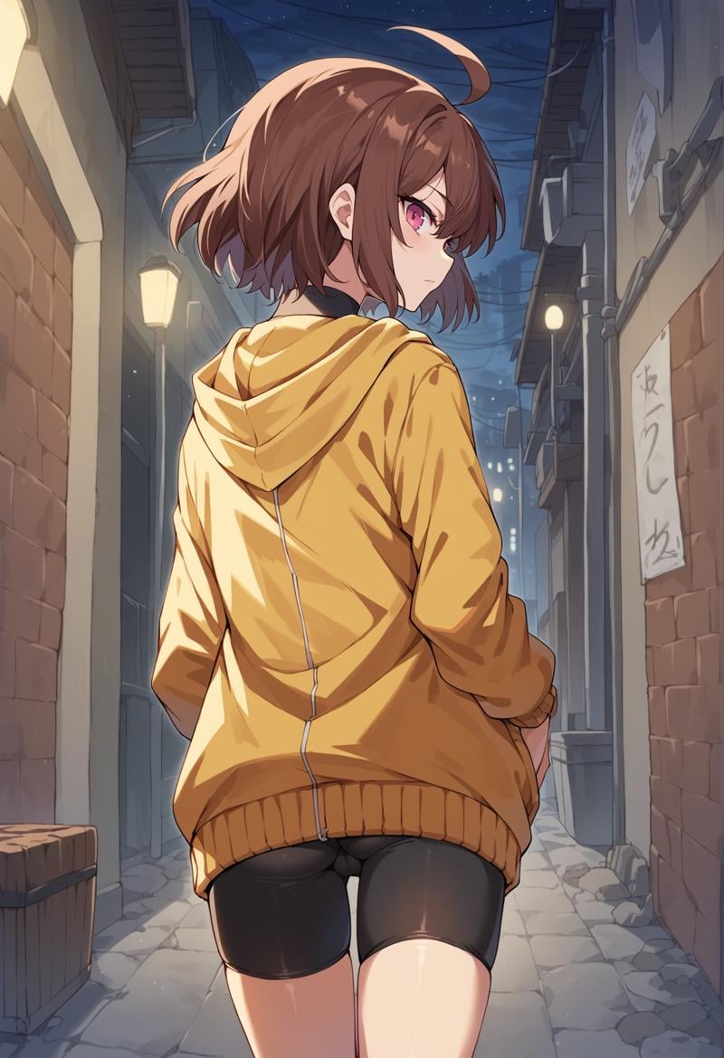 1girl, short hair, brown hair, pink eyes, ahoge, yellow hoodie, bike shorts, from behind, night, alley, looking at viewer, expresionless, ass, cowboy shot  <lora:Linne_unr:1>, score_9, score_8_up, score_7_up, score_6_up, score_5_up, score_4_up, BREAK source_anime, masterpiece