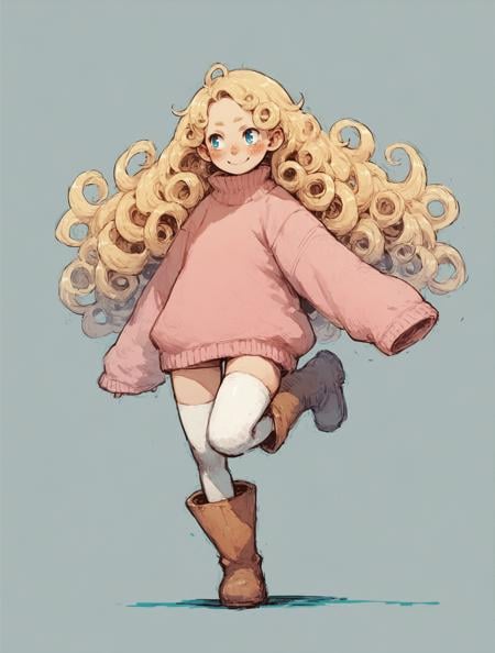 score_9, score_8_up, score_7_up, score_6_up, solo, 1girl, standing on one leg, long hair, blonde hair, curly hair, blue eyes, blush, smile, pink sweater, oversized clothes, sleeves past wrists, boots, white thighhighs, sketch, hatching \(texture\), <lora:momochichi:1>