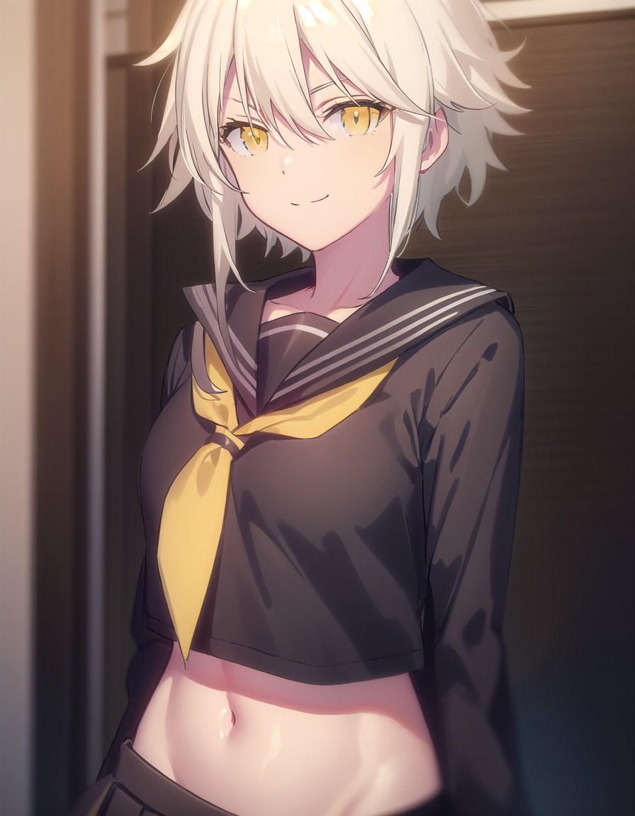 skmiyabi, <lora:sk miyabi s1-lora-nochekaiser:1>,miyabi, bangs, hair between eyes, (yellow eyes:1.3), white hair,BREAK skirt, shirt, long sleeves, navel, school uniform, pantyhose, pleated skirt, necktie, serafuku, midriff, black skirt, sailor collar, black shirt, black sailor collar, (black serafuku:1.2),BREAK indoors, classroom,BREAK looking at viewer, (cowboy shot:1.5), smile,BREAK <lyco:GoodHands-beta2:1>, (masterpiece:1.2), best quality, high resolution, unity 8k wallpaper, (illustration:0.8), (beautiful detailed eyes:1.6), extremely detailed face, perfect lighting, extremely detailed CG, (perfect hands, perfect anatomy),