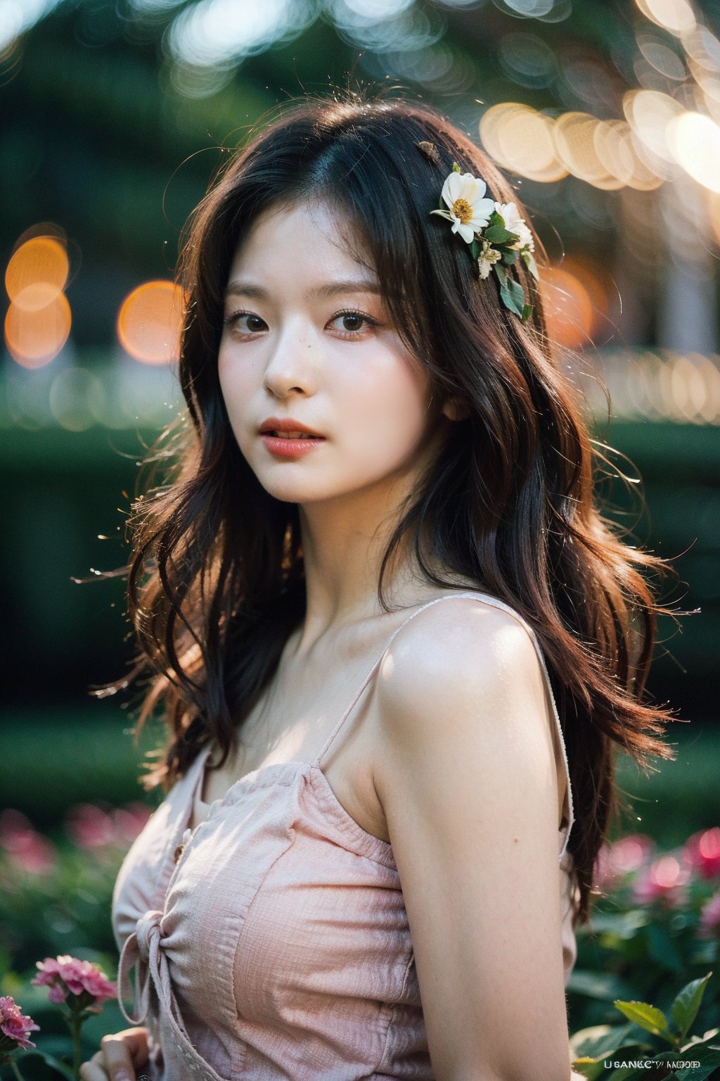 Best quality, masterpiece, ultra high res, (photorealistic), raw photo,1girl, upper body,solo, realistic, looking at viewer,bokeh background, flower garden, castle, <lora:makina69_nagyung_v1.0:1>, long wavy hair