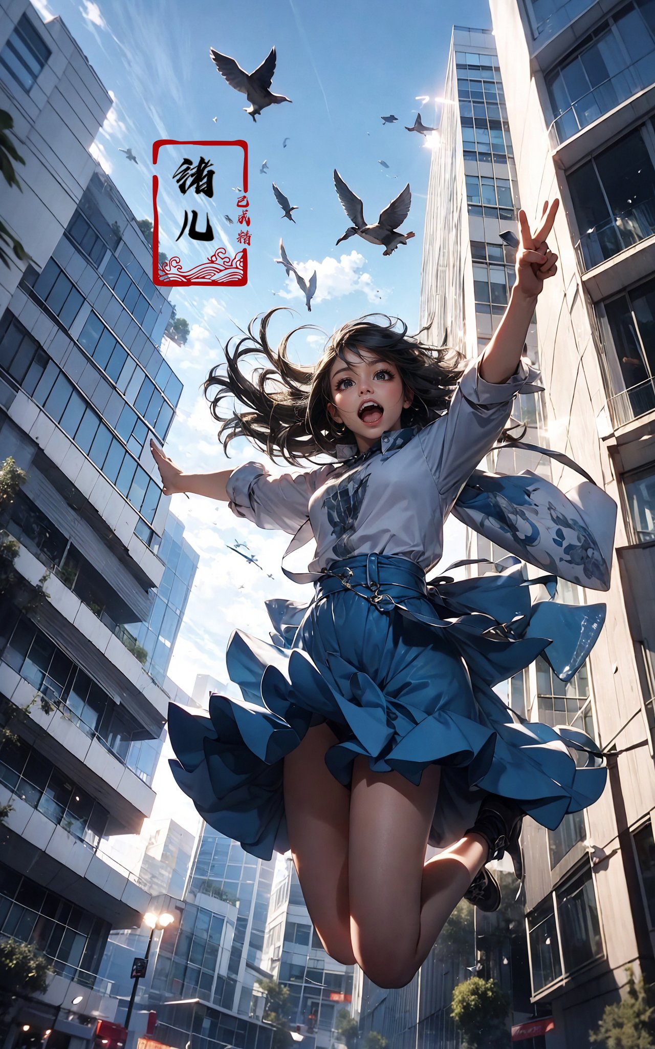 jumping，1girl, open mouth, outdoors, building,<lora:绪儿-跳跃构图 jumping:0.8>