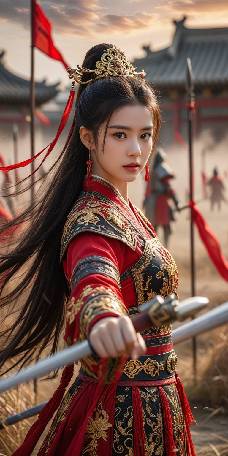 1girl,moyou, Ancient Armor, red Chinese_armor, a 20 year old chinese girl, Qinjia, cinematic photo Female general, 35mm photograph, film, bokeh, professional, 4k, highly detailed,Armor and weaponry, Fierce expression, Long flowing hair, Battlefield backdrop, Cloudy sky, Warrior stance, Deep red dress, Golden armor, Sword in hand,Fighting wounds, Ruined outfit, Damaged attire, Bleeding fabric, Realistic,Masterpiece, the best quality, perfect official art, (Masterpiece :1.3), the best quality, girls, delicate beautiful face, delicate beautiful features, high cold, long hair, national wind, horn, belt, hair accessories, piercing eyes,