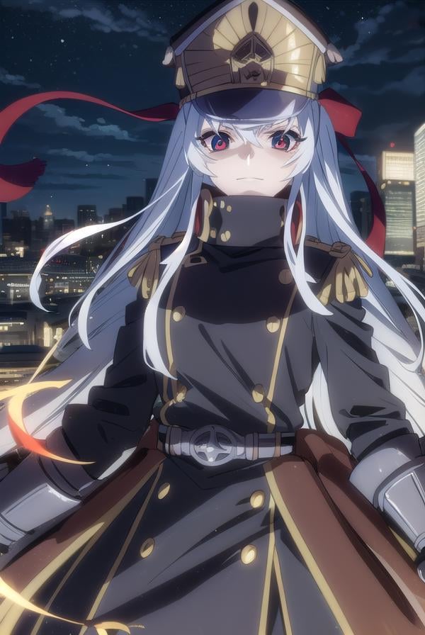 recreatorsaltair, <lora:recreators altair s1-lora-nochekaiser:1>, altair, long hair, (red eyes:1.3), very long hair, white hair, smile, grin,BREAK gloves, hat, uniform, military, military uniform, shako cap,BREAK outdoor, city, night, sky, buildings, moon, clouds,BREAK looking at viewer, (cowboy shot:1.5),BREAK <lyco:GoodHands-beta2:1>, (masterpiece:1.2), best quality, high resolution, unity 8k wallpaper, (illustration:0.8), (beautiful detailed eyes:1.6), extremely detailed face, perfect lighting, extremely detailed CG, (perfect hands, perfect anatomy),