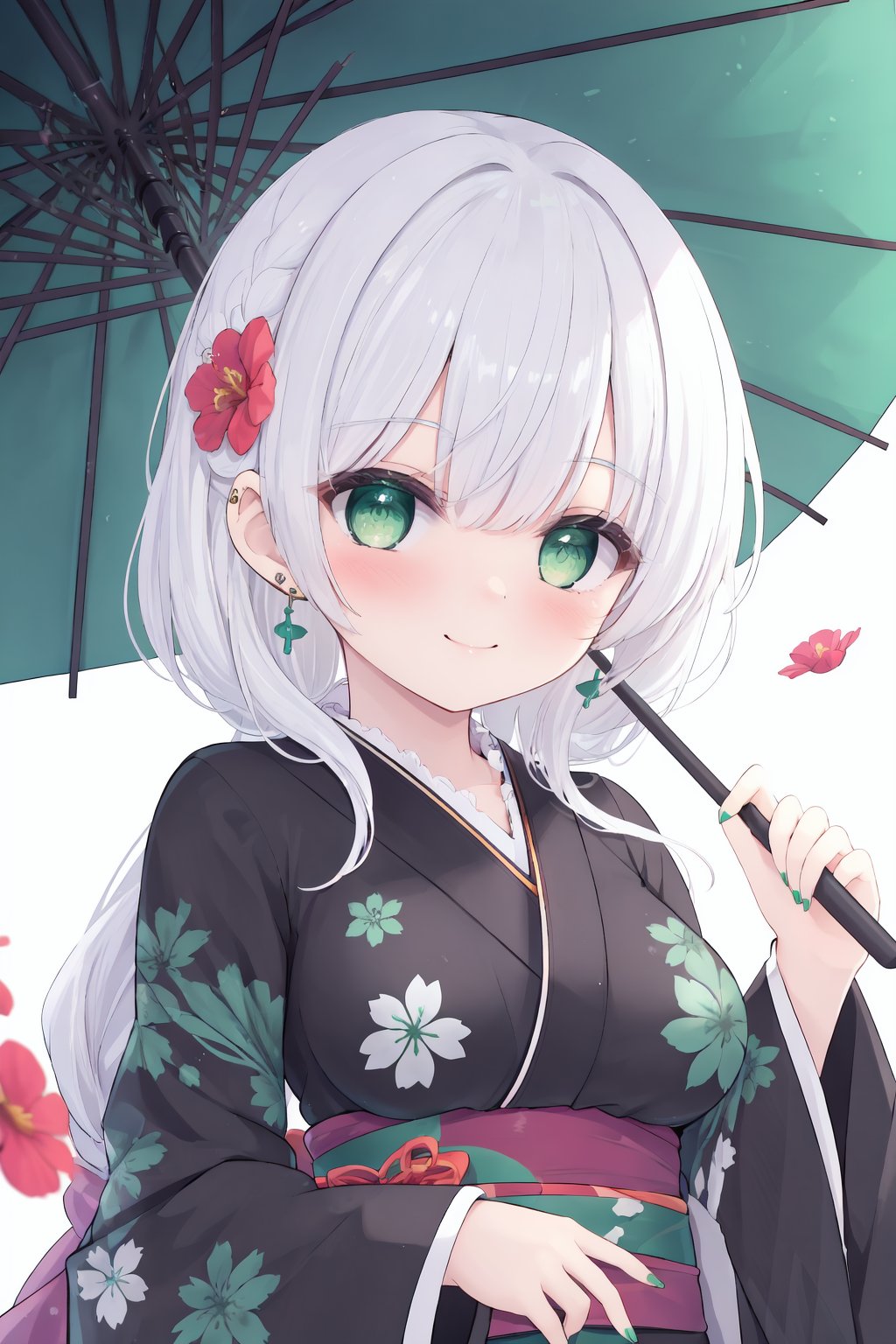 1girl, solo, umbrella, kimono, japanese clothes, hair ornament, smile, oil-paper umbrella, holding umbrella, holding, black kimono, closed mouth, looking at viewer, bangs, red flower, green eyes, sash, blush, upper body, obi, nail polish, earrings, egasumi, wide sleeves, long sleeves, white hair, shawl, green nails, breasts, 