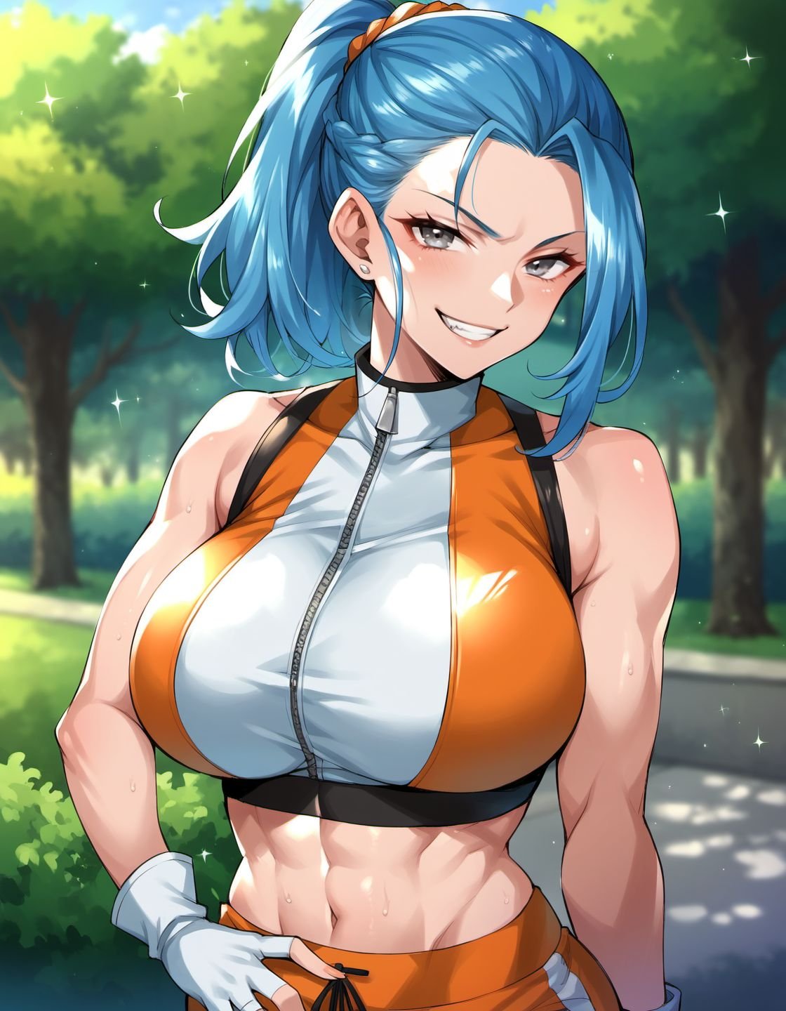 score_9, score_8_up, score_7_up, toboso-yana-style,1girl, solo, blue hair, grey eyes, ponytail, orange crop top, sports bra, sleeveless, midriff, orange shorts, skin tight, fingerless gloves, blue sky, park, trees, upper body, big breasts, looking at you, smirk, fit, white gloves, bright,<lora:toboso_yana_style_v1:0.8>,