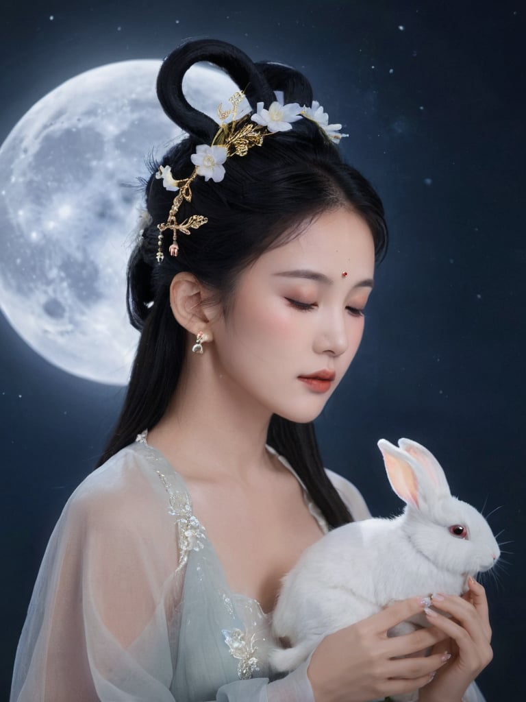 (Fairy Chang'e:1.5), 1 girl, animal, black hair, rabbit, closed eyes, earrings, flowers, full moon, hairpin, hair ornament, jewelry, lips, lipstick, long hair, makeup, moon, side angle, realistic, medium bust, <lora:FairyChang:0.55>