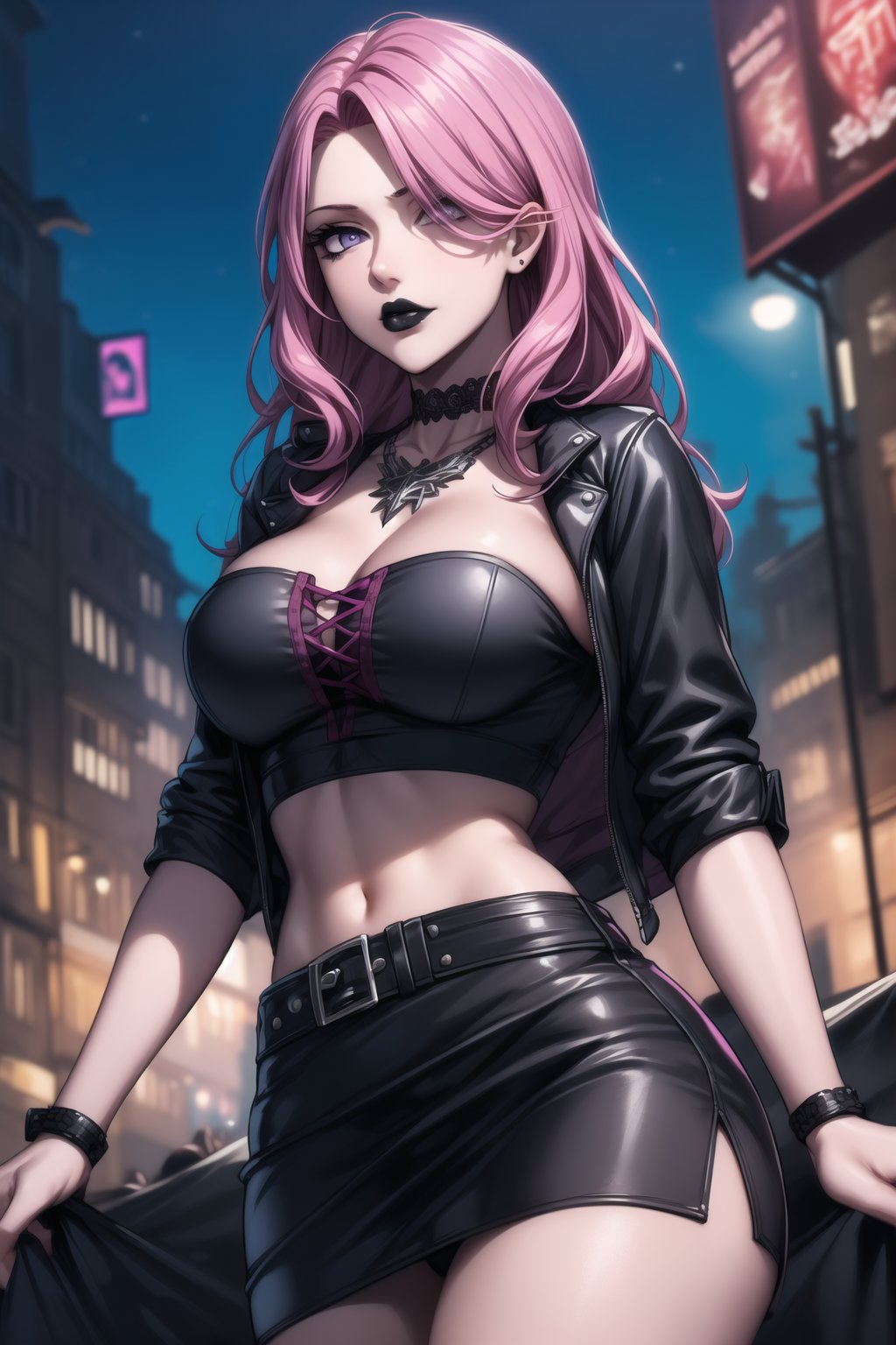 ((best quality)), ((highly detailed)), masterpiece, ((official art)), detailed face, beautiful face, (detailed eyes, deep eyes), seductive posing, (cowboy shot),Vanessa, purple eyes,, (sexy:1.3), (long straight pink hair, dark pink hair, long straight hair, hair covering one eye:1.3), (makeup, black lips:1.3),(  pale white skin, very white skin, goth, long eyelashes, medium to big breasts, black necklace, black fishnet shirt, black tube top, black fishnet shirt over black tube top, black skirt, city street, nighttime)), intricately detailed, hyperdetailed, blurry background, depth of field, best quality, masterpiece, intricate details, tonemapping, sharp focus, hyper detailed, trending on Artstation, 1 girl, high res, official art, ,secre,Vanessa,black lips<lora:EMS-93-EMS:0.600000>, <lora:EMS-31593-EMS:0.200000>, <lora:EMS-28161-EMS:0.300000>, <lora:EMS-401523-EMS:0.800000>, <lora:EMS-263815-EMS:0.500000>