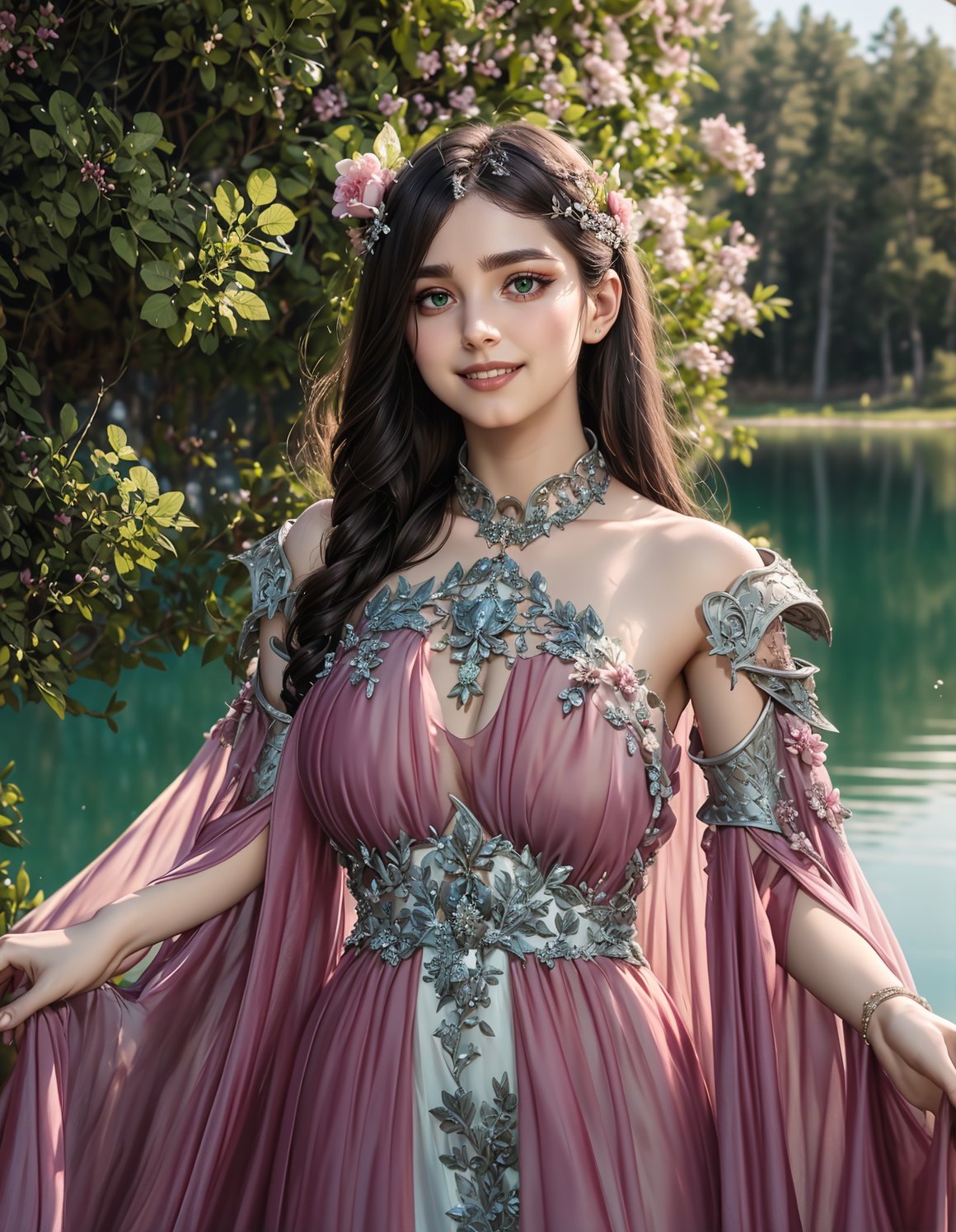 (portrait photo:1.3), adult woman, standing, wearing HUD_spr_armr, hair flower, long (chiffon dress), long sleeves, jewelry, intricate engraved metal neckpiece, shoulder piece, jeweled belt, breastplate, laser cut sleeves, <lora:HUD_spr_armr-07:0.7>, (long black hair:0.9), 4k, setting with trees and a lake, smile