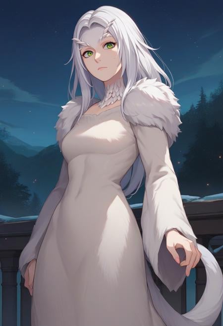 score_9, score_8_up, score_7_up, source_anime, solo, 1girl, crossbreedpriscilla, dragon girl, mature female, white fur, expressionless, looking at viewer, standing, green eyes, slit pupils, fur trim, white dress, long sleeves, tail, night, outdoors <lora:darksouls_crossbreedpriscilla_ponyXL:1>