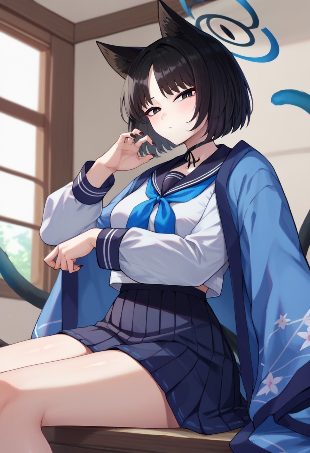 score_9,score_8_up,score_7_up,score_9,score_8_up,score_8,ultra detailed,beautiful face,highres BREAK <lora:kikyou:1>,kikyou (blue archive),1girl,solo,looking at viewer,short hair,skirt,shirt,black hair,long sleeves,animal ears,school uniform,white shirt,cat tail,pleated skirt,serafuku,choker,black skirt,sailor collar,black eyes,neckerchief,black choker,halo,blue jacket,blue sailor collar,black nails,black sailor collar,blue neckerchief,cowboy shot,room,room background,sitting,