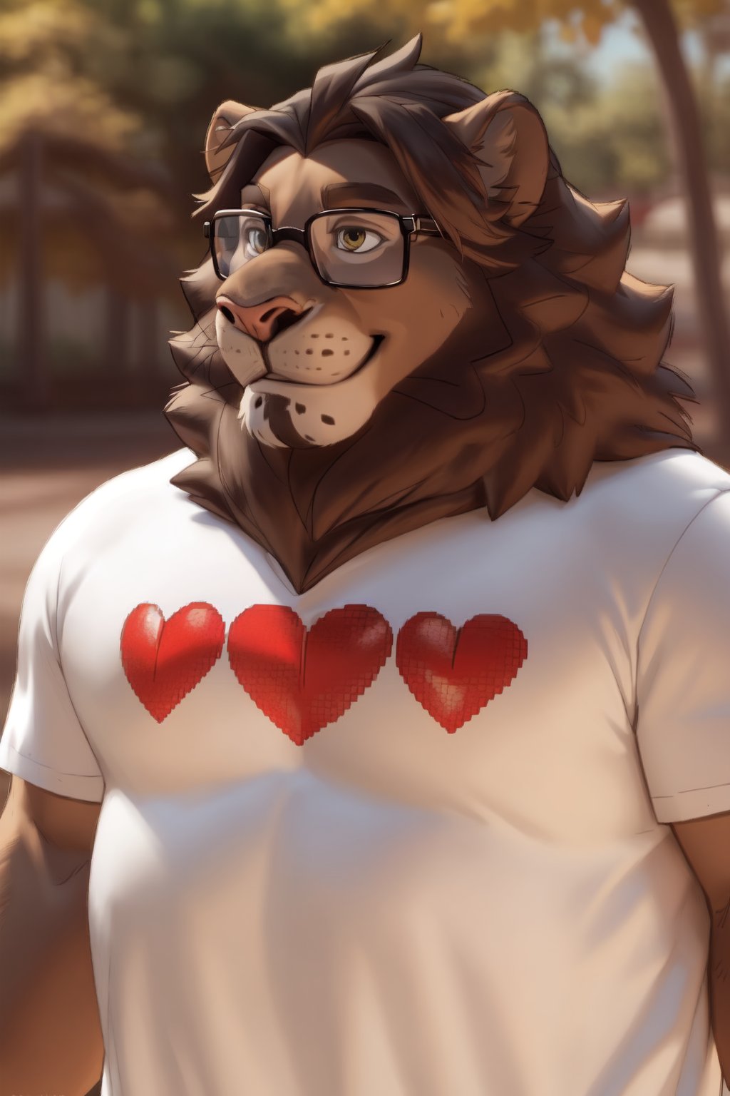 <lora:kobu-09:1>, kobuwtdl, male, chubby, lion tail, (posing:1.3), (soft shading), 4k, hi res, ((detailed face, detailed)), (full body), by zackarry911, by zaush, (by personalami:0.5), smile, shirt, 1boy, white shirt, upper body, short sleeves, male focus, heart, glasses, blurry, t-shirt, black-framed eyewear, meme, print shirt, looking at viewer, portrait, face focus, 