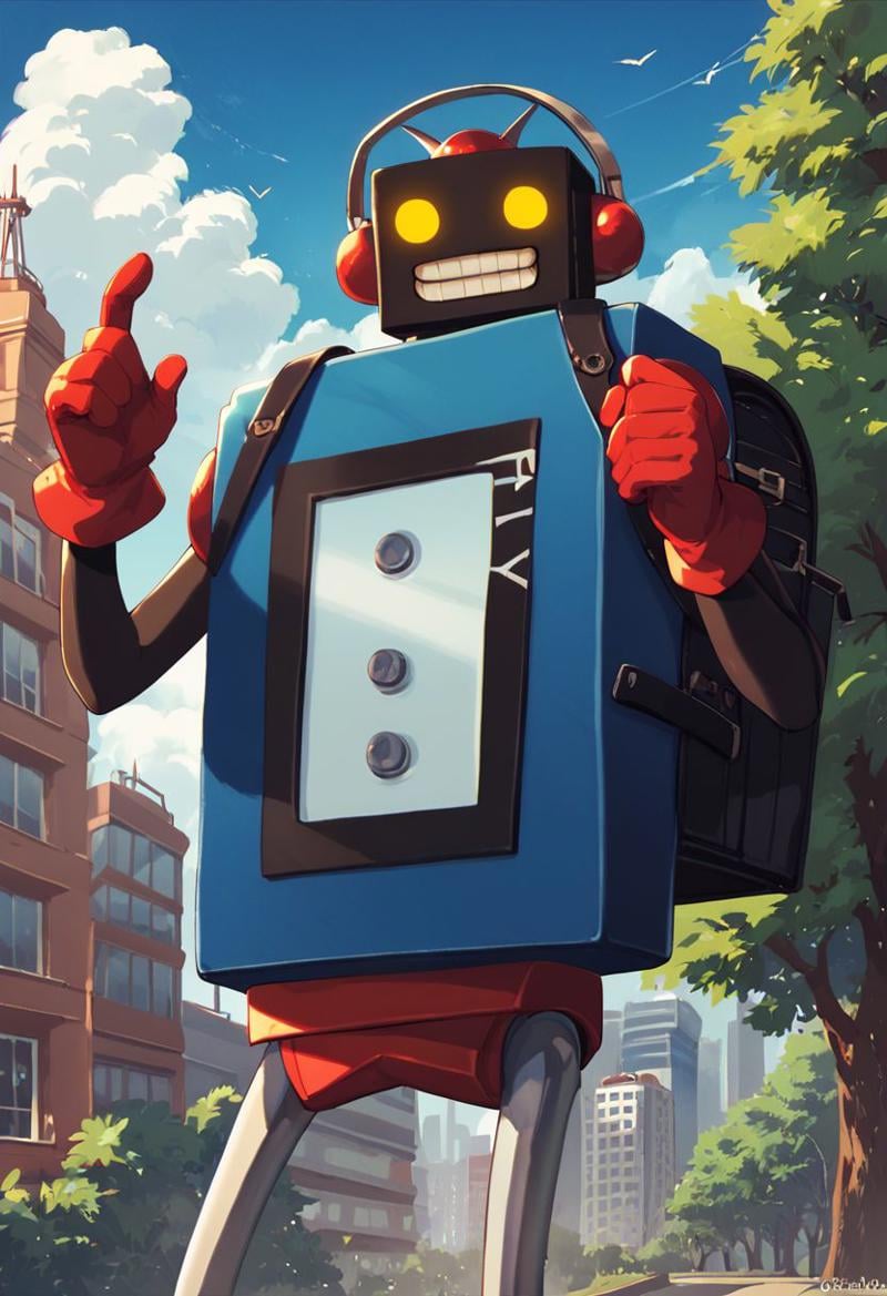 score_9, score_8_up, score_7_up, best quality, 5_fingerscity, radio tower, trees, blue sky1boy, solo, no humans, mecha, robot, red gloves, backpack, yellow eyes, glowing eyes, teeth, smile, headphones, robot ears, cowboy shot