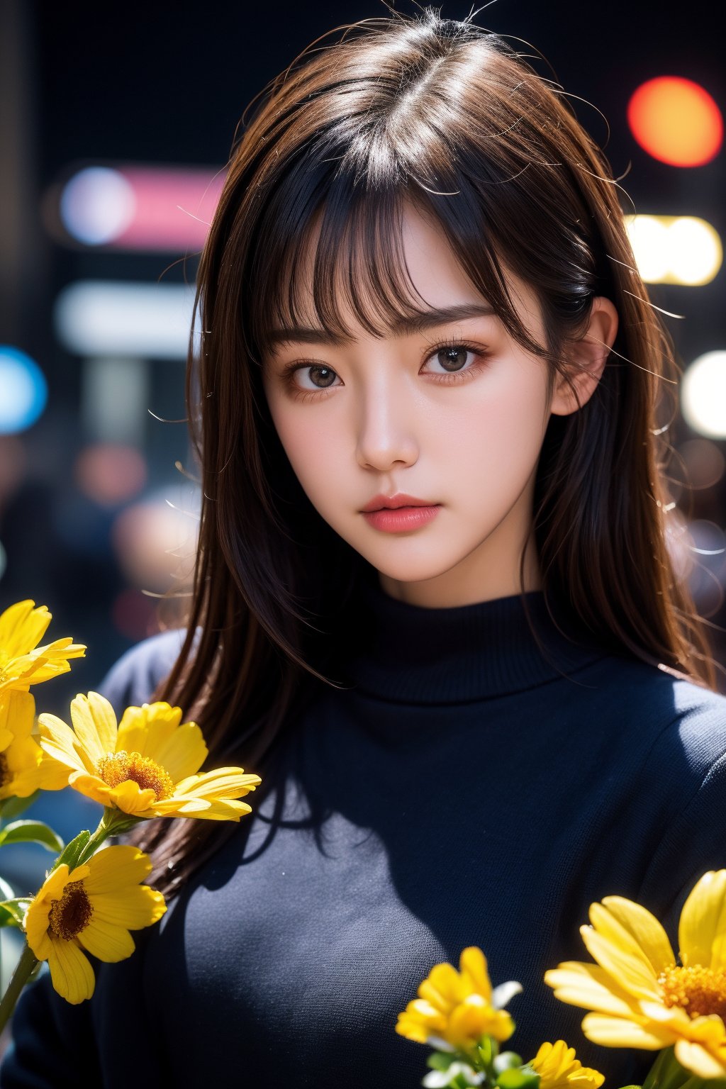 1girl, black background, black eyes, black shirt, black sweater, closed mouth, grey eyes, lips, long hair, long sleeves, looking at viewer, flower