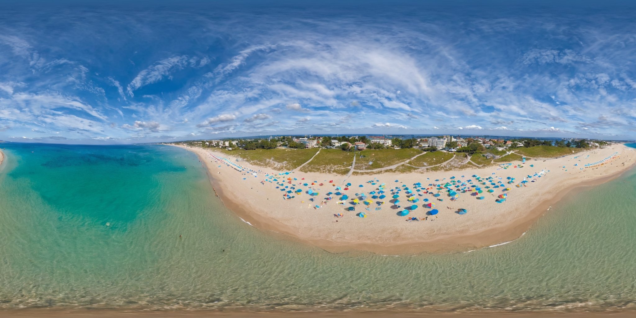 <lora:HMSG航拍全景XL:1>,360panorama,Centered Horizon,No seams,<lora:光影XL:1>,An aerial view of a beach during the day,where the golden sands meet the turquoise embrace of the sea. The shoreline is a collage of beachgoers,colorful umbrellas,and playful waves that kiss the coast. Footprints in the sand create a narrative of the day's joy and activity,while the sun above bathes the scene in a warm,radiant glow. From this perspective,the beach appears as a slice of paradise,a place where the land celebrates its union with the ocean under the clear blue sky,