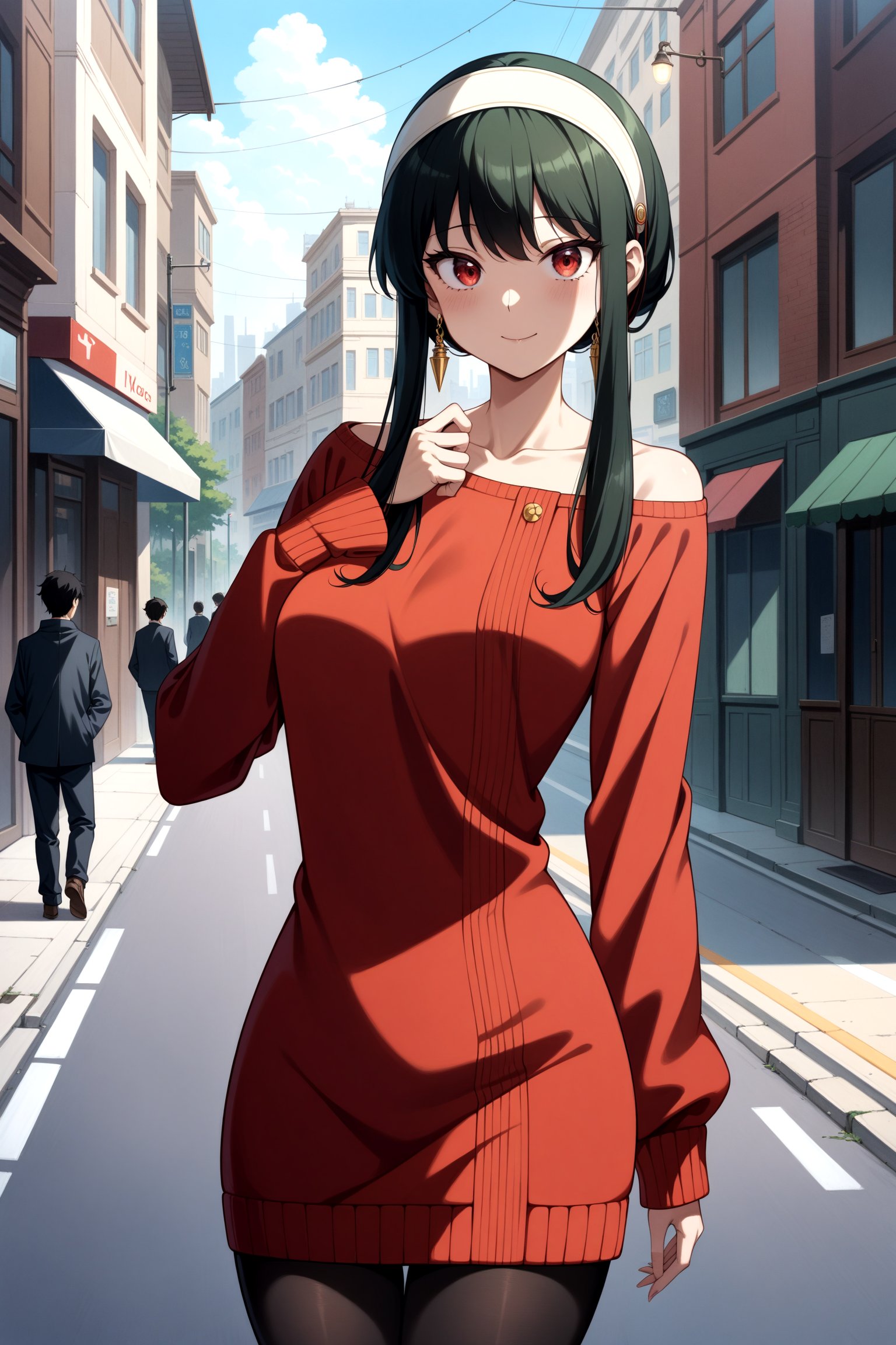 (masterpiece, best quality, very aesthetic, ultra detailed), intricate details, 4k, anime style, bbyorf, short hair with long locks, white hairband, red eyes, gold earrings, breasts, jewelry, off shoulder,red sweater, sweater dress, long sleeves, black pantyhose, <lora:yor_forger_XL_v1:0.9>, outdoors, street, standing cowboy shot, smile,
