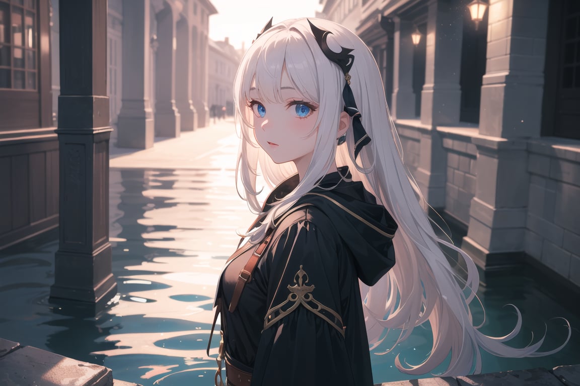 (masterpiece, ultra high res, best quality:1.1), 1girl, solo, (fantasy), (dark:1.2), (horror:1.2), (depth of field:1.2), (night), (water effect:1.2), (Fantastic lighting), looking at viewer, white hair, long hair,