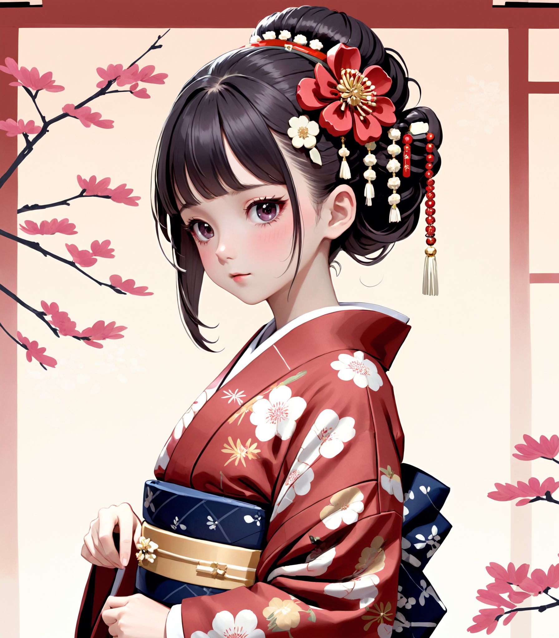 Illustration of a young girl dressed in an elegant and traditional Japanese "kimono" robe, adorned with delicate floral patterns and accessorized with a matching "obi" sash. The girl's hairstyle should feature intricate "kanzashi" hair ornaments and a "wa" style hairdo, capturing the essence of the graceful and refined "wa lolita" fashion subculture.