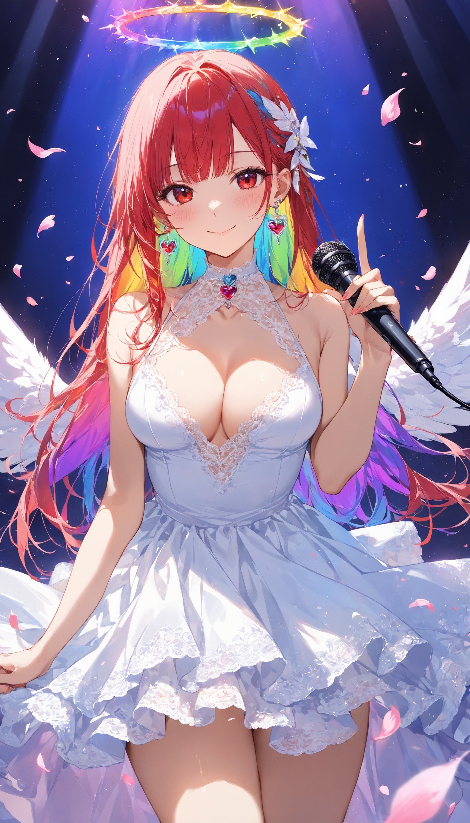 1girl, solo, long hair, breasts, looking at viewer, blush, smile, bangs, rainbow hair, multicolored hair, red eyes, dress, holding, cleavage, bare shoulders, jewelry, medium breasts, closed mouth, standing, collarbone, heart, cowboy shot, earrings, wings, sleeveless, choker, white dress, petals, sleeveless dress, rainbow halo, short dress, lace trim, microphone, feathered wings, index finger raised, finger to mouth, angel wings, rainbow wings, angel, holding microphone, white choker, lace-trimmed dress, masterpiece,,masterpiece, best quality, score_9, score_8_up, score_7_up, ultra-detailed, Best-A, Medium-B, Low-C, Bad-D,