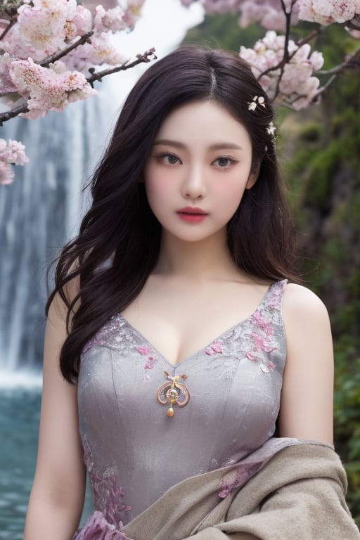 (masterpiece, top quality, best quality, official art, beautiful and aesthetic:1.2),cover art,Ambrotype,Soutache,Classicism Art,Rugged Magnificent burly Chinese (Emebet:1.1),upper_body,(medium breasts),waterfall,wearing Wind,(plum_blossom:1.3),((china_dress)),her hair is Gray,three colors,Proud,Warm Colors,Cosy,sunbeam,<lora:ningyizhuo:1>,