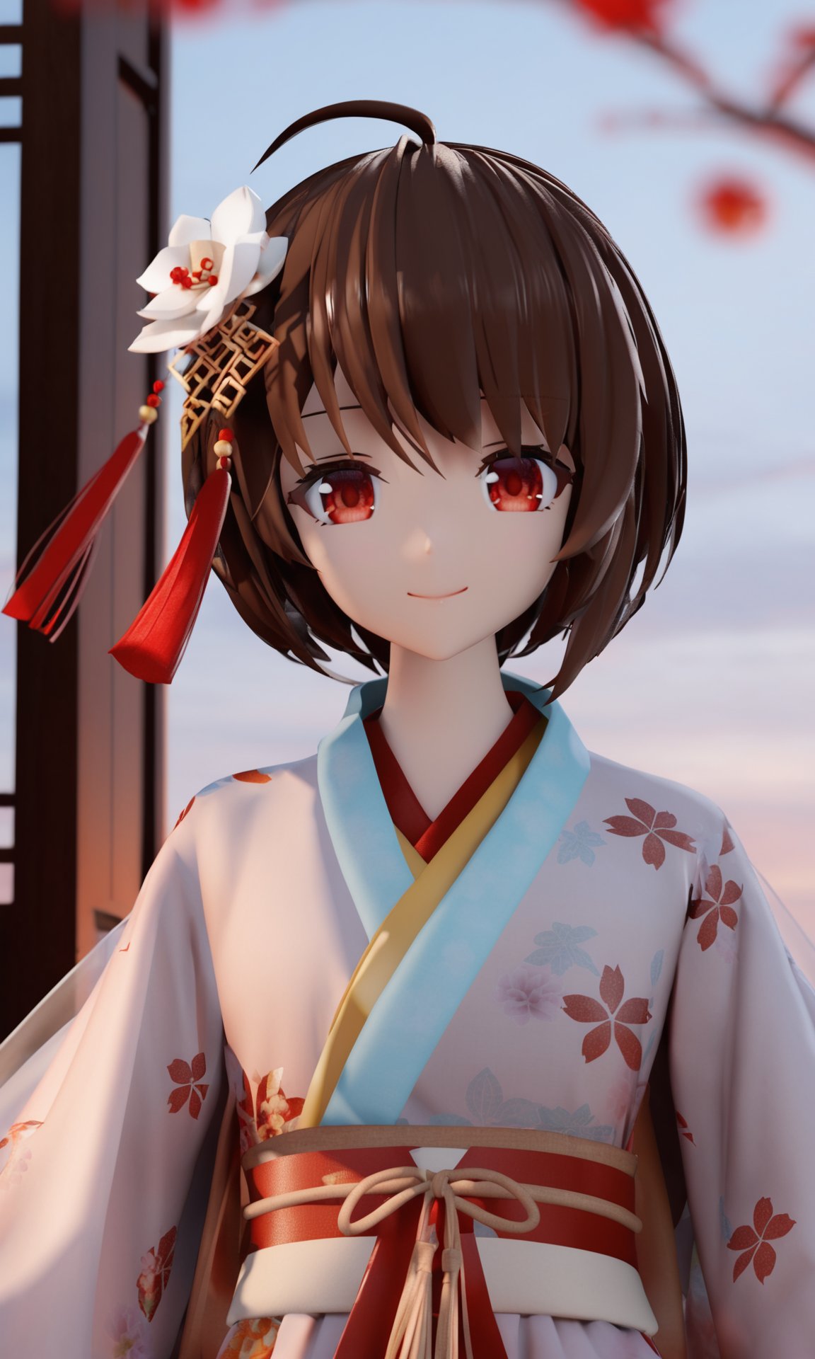 artist mmd,1girl,solo,red eyes,looking at viewer,hair ornament,short hair,upper body,brown hair,blurry,ahoge,bangs,chinese clothes,see-through,depth of field,hanfu,smile,floral print,closed mouth,