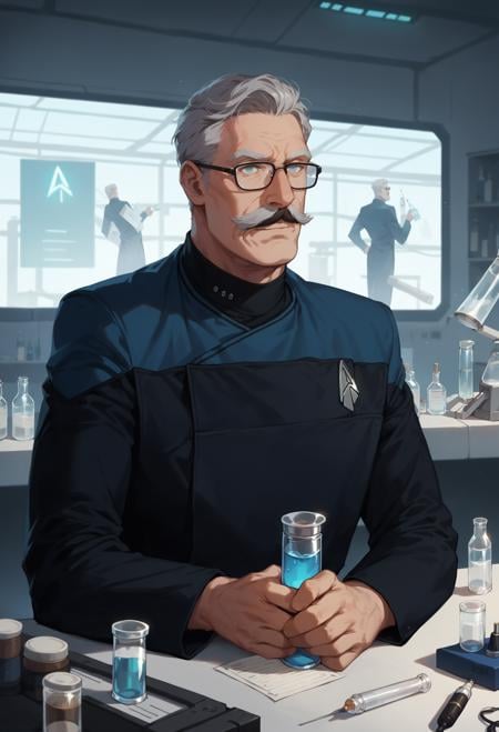 core_9, score_8_up, score_7_up, score_6_up,old,male,big glasses,balding,grey hair,small moustache,laboratory scenery,holding vial,microscope,bottles,lab equimpent,mad scientist,pcdst,Star trek uniform,blue ,blue shoulders,black jumpsuit,<lora:PicardPony-000050>