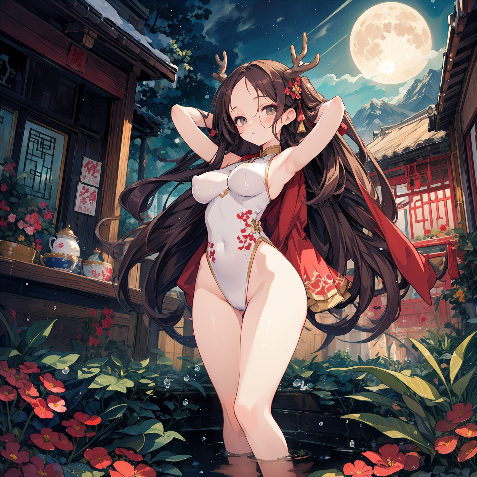 (masterpiece,4k, best quality,slim,thin,skinny), panorama,wide shot, (partially submerged:1.2), deer ears, deer antlers,winter,plum blossom, china traditional architecture,wintersweet,lake,mountain,expressionless, brown hair,grey eyes, very long hair,(floating hair),reflection,(covered nipples), raised eyebrows, night,full moon,(hair flower),fireworks,big hair,parted bangs, forehead, slim legs, water drop, dripping,full body,from below,china dress swimsuit, arms behind head, x