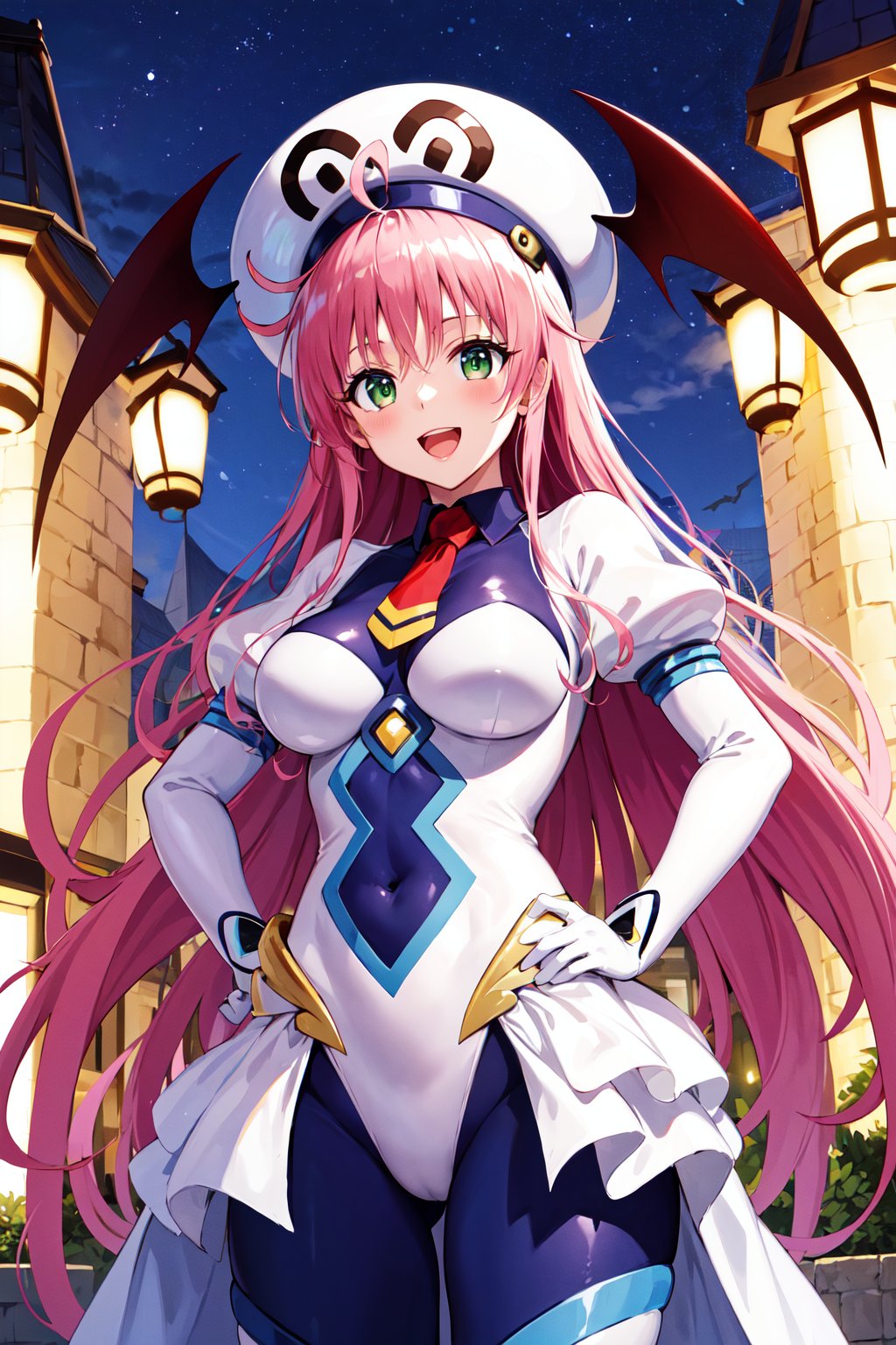 masterpiece, best quality, highres, aalala, long hair, hat, white headwear, head wings, green eyes, breasts, red necktie, white bodysuit, white leotard, puffy sleeves, white gloves, showgirl skirt, blue pantyhose, <lora:lala_satalin_deviluke_v1:0.7>, hand on hip, smile, open mouth, standing, outdoors, night