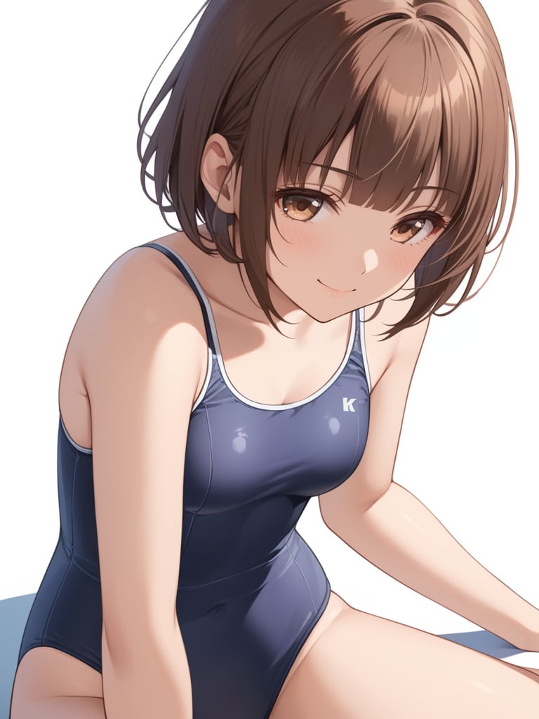 (best quality), ((masterpiece)), (highres), illustration, original, extremely detailed,1girl, kishinami \(kancolle\), swimsuit, solo, wavy hair, one-piece swimsuit, brown hair, barefoot, school swimsuit, ahoge, short hair, bangs, blunt bangs, purple one-piece swimsuit, sitting, looking to the side, white background, smile, simple background, breasts, brown eyes, collarbone, shadow, looking away, alternate costume, old school swimsuit, bare legs, small breasts, arm support, closed mouth