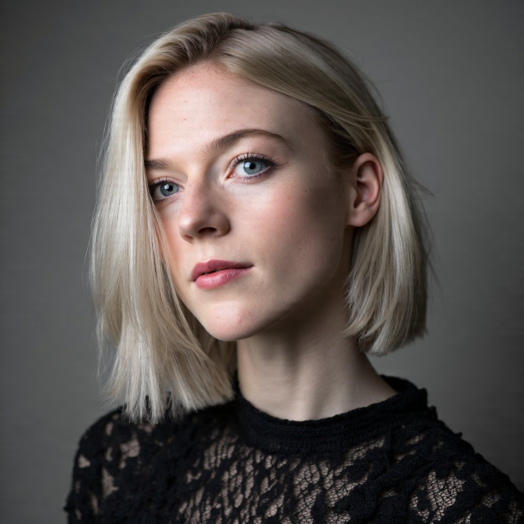 A portrait of rose_leslie with a short, platinum blonde bob hairstyle. She has striking blue eyes and fair skin. She wears a black lace top. The background is a muted, dark gray, contrasting with her pale complexion. Soft lighting illuminates her face and upper body, highlighting her features without harsh shadows. The image conveys a serene and introspective mood.