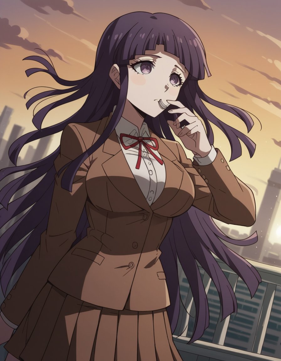 score_9, score_8_up, score_7_up, source_anime, <lora:mikan-tsumiki-s2-ponyxl-lora-nochekaiser:1>, mikan tsumiki, long hair, purple hair, (purple eyes:1.1), bangs, blunt bangs, large breasts,, skirt, shirt, long sleeves, ribbon, school uniform, jacket, white shirt, pleated skirt, collared shirt, red ribbon, neck ribbon, brown skirt, brown jacket,, rooftop, sunset, cityscape, quiet moment, wind blowing, contemplative, , , hand with fingers spread out, solo,, cowboy shot, dutch angle