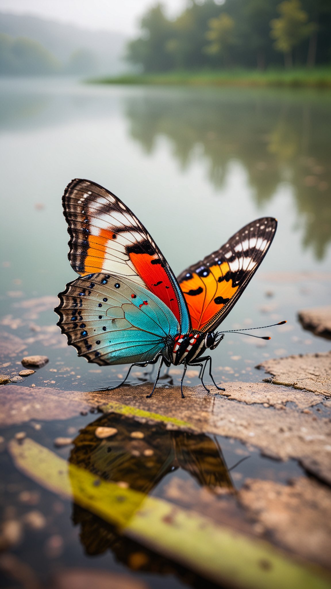 Colorful butterfly on the side of a lake, macro photography shallow depth of field dslr vivid Muted misty