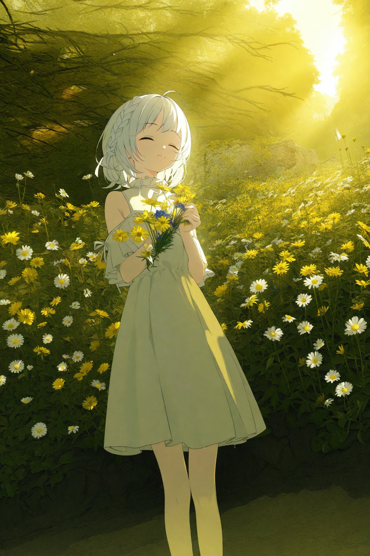 (masterpiece),(best quality),illustration,ultra detailed,hdr,Depth of field,(colorful),loli,yellow theme,the setting sun,Chamomile,Chamomile,cornflower,vines,forest,ruins,lens flare,hdr,Tyndall effect,damp,wet,1girl,bare shoulders,broken glass,broken wall,white hair,white dress,closed mouth,constel lation,flat color,braid,blinking,white robe,float,closed mouth,constel lation,flat color,looking up,standing,medium hair,standing,solo,