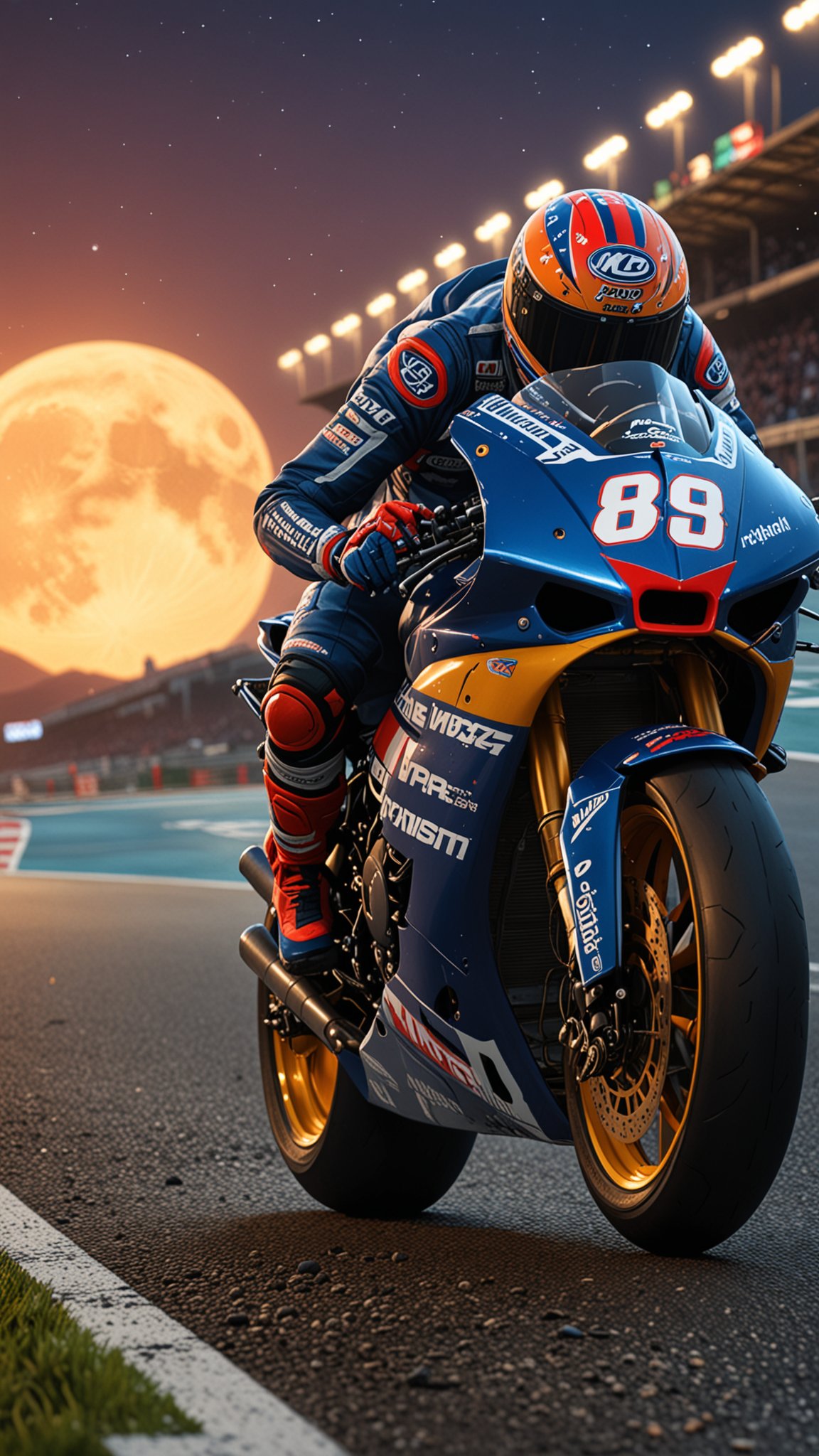 Starry night Photo of a motogp, Grand, Prix, Superbike,  on a race track, Vibrant colours, digital art ,8k high quality detailed, the moon, amazing wallpaper, digital painting highly detailed, 8k UHD detailed oil painting, beautiful art UHD, focus on full glass sphere, bokeh, background Modifiers: extremely detailed Award winning photography, fantasy studio lighting, photorealistic very attractive beautiful imperial colours ultra detailed 3D, (Very Intricate), UHD,