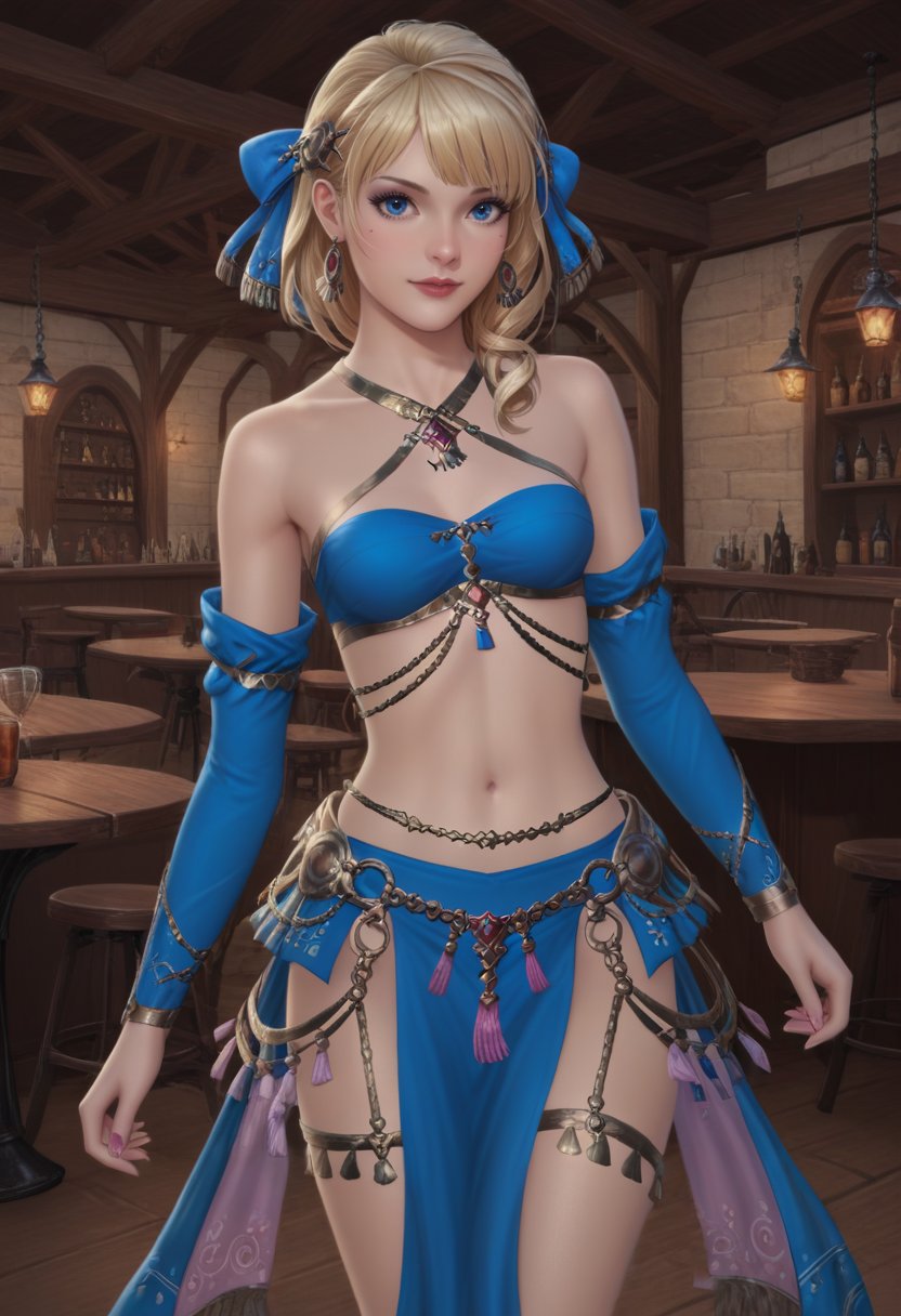 score_9, score_8_up, score_7_up, realistic, blond hair,  blue eyes, 1girl, solo, dncaf,dncbow, dncheels, dncskirt, dncsleeves, dncjewelry, fringe trim, bandeau,  midriff, navel, bare shoulders, pelvic curtain,  cowboy shot, (blue clothing:1.5),BREAK    tavern, dancing,  <lora:FFXIV_Dancer_Job_Outfit:1>