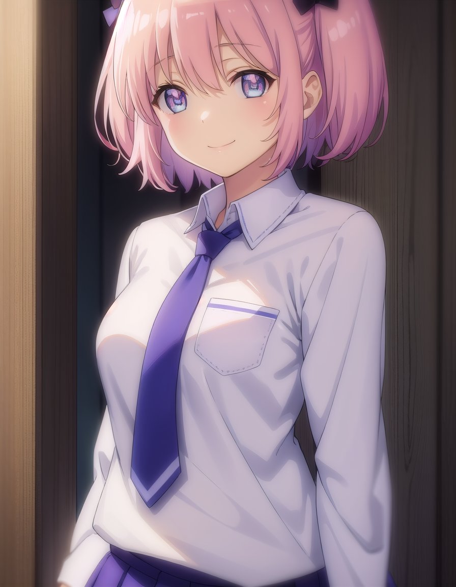 skhibari, <lora:sk hibari s1-lora-nochekaiser:1>,hibari, short hair, bow, twintails, pink hair, hair bow, symbol-shaped pupils, short twintails, blue eyes,BREAK skirt, bow, school uniform, necktie, purple skirt,BREAK outdoors, classroom,BREAK looking at viewer, (cowboy shot:1.5), smile,BREAK <lyco:GoodHands-beta2:1>, (masterpiece:1.2), best quality, high resolution, unity 8k wallpaper, (illustration:0.8), (beautiful detailed eyes:1.6), extremely detailed face, perfect lighting, extremely detailed CG, (perfect hands, perfect anatomy),