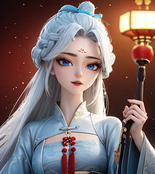 HDR,UHD,best quality,Highly detailed,masterpiece,Professional,1girl,solo,hanfu,forehead mark,white hair,long hair,facial mark,chinese clothes,hair ornament,looking at viewer,blue eyes,long sleeves,dress,red lips,breasts,wide sleeves,sash,braid,<lora:longnvchenchen:0.9>,