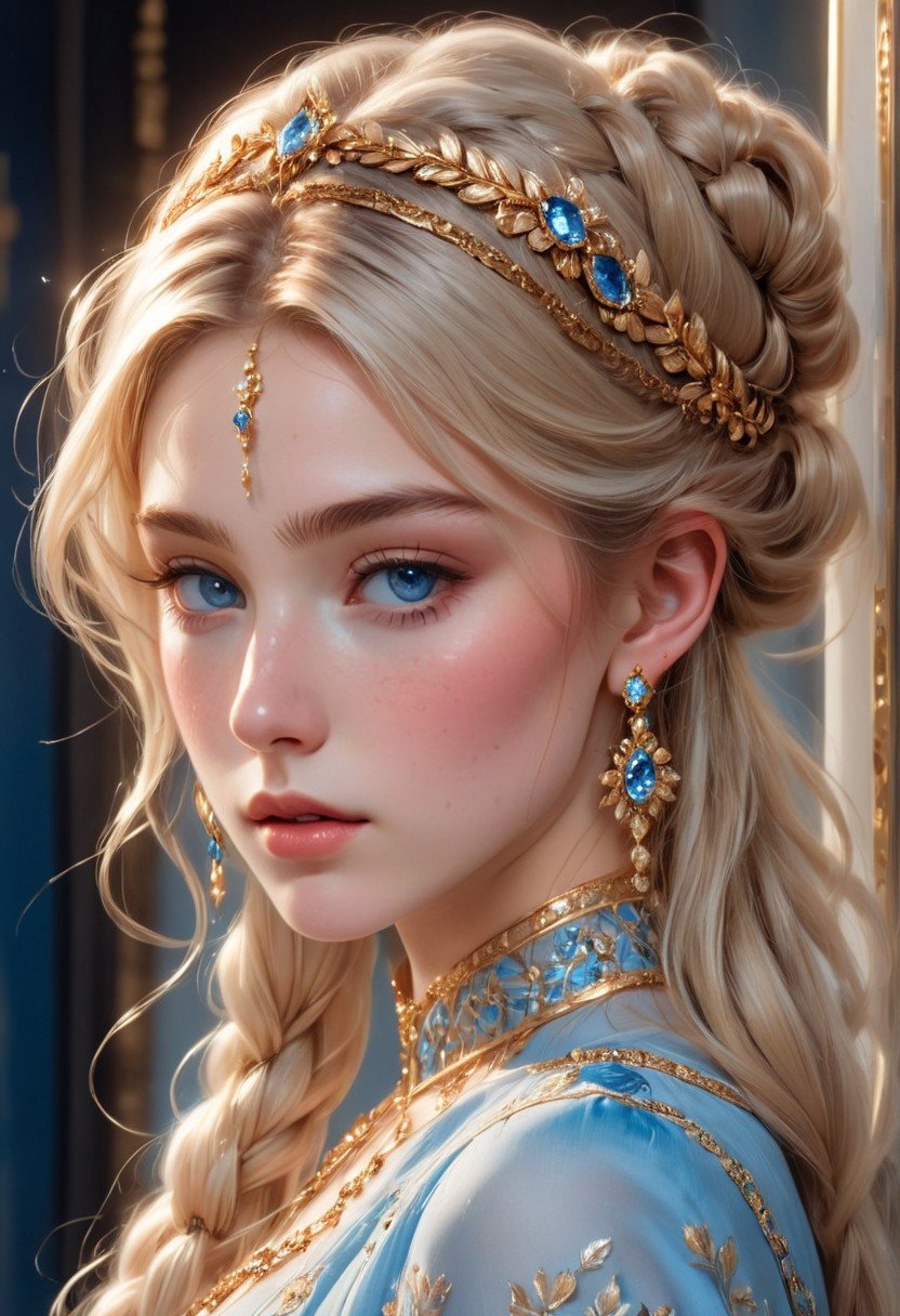 A young woman with long blonde hair and a single hair bun, adorned with a sparkling blue gemstone and gold trim, gazes slightly to the side as if lost in thought. Her bright blue eyes sparkle with a hint of blush on her cheeks. She wears a elegant dress and jewelry, including earrings that catch the light. A delicate head chain adds to her refined features, including parted lips, defined eyelashes, and freckles. The camera captures her from the side, showcasing her porcelain complexion and subtle makeup.<lora:EMS-371090-EMS:0.600000>, <lora:EMS-368063-EMS:0.800000>