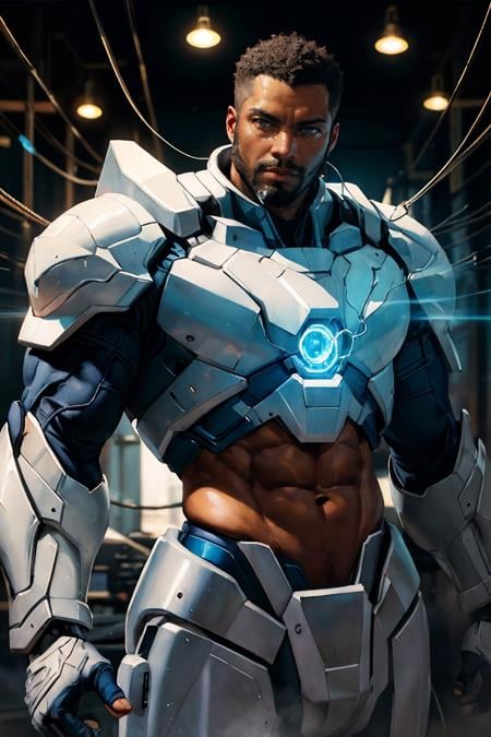 (african man) wearing (white mecha power armor:0.8), glowing, cables, wires, futuristic lab background, medium hair, transparent see-through white plastic, beard, upper body, science fiction, ((abs)), light source on armor, ((oil painting)), best quality, masterpiece, intricate details, dynamic pose, dynamic angle, (surreal), (illustration), sharp focus, soft lighting, vibrant colors, cinematic photography, dynamic angle, volumetric lighting, film grain, hard shadows