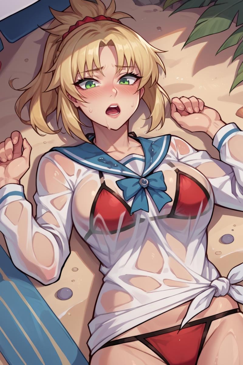 score_9, score_8_up, score_7_up, score_6_up, source_anime, BREAK solo, <lora:mordred-pdxl-nvwls-v1-000005:1> 2ndRiderMord, blonde hair, green eyes, ponytail, red bikini, sailor collar, white shirt, wet shirt, see-through, long sleeves, lying on back, big breasts, blush, open mouth, beach