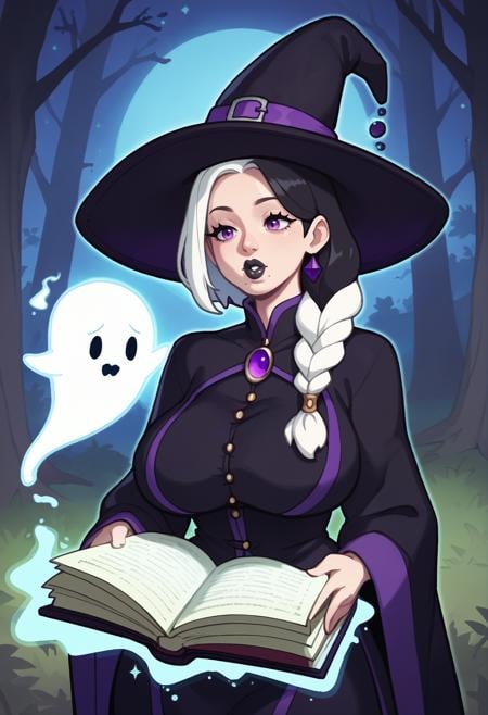 score_9, score_8_up, score_7_up, score_6_up BREAK forest,ghost,solo,witch,milf,robes,black hair,white hair,two-tone hair,single braid,witch hat,black lips,puffy lips,magic,swirls,glow,night sky,mole under mouth,purple eyes,dynamic pose, reading spellbook, sleeves past wrists