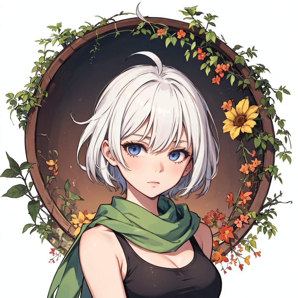 1girl, abstract, flower, leaf, vine, whitework, mature face, white hair, short hair, hair flaps, ahoge, lace tank top, scarf