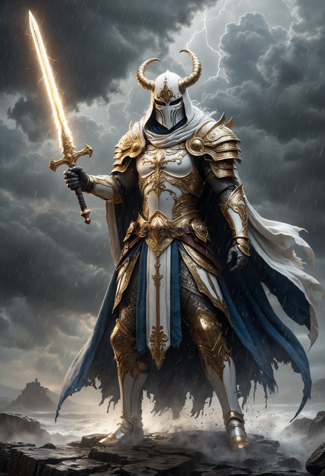 A stunning, highly detailed dark fantasy full body illustration of a proud angelical warrior wearing intricate medieval white HKStyle armor and an epic white ornamented mask, holding a great golden glowing sword, golden and blue glooming eyes, very wide shoulders, wearing big gauntlets, epic composition. The warrior stands heroic with a flowing cloak and white hood during a storm with foggy gloom, thunderclouds in the background . The scene depicts him with brooding emotional agony , style by Greg Rutkowski, by Milo Manara and Russ Mills, with insanely intricate details and textures, gloomy dramatic lighting, 8K resolution, (sunrays:1.1), (rainbow:1.1), (poster with text "Boltning 1.0":1.4)