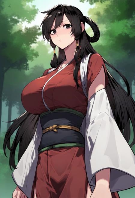 score_9, score_8_up, score_7_up, score_6_up, source_anime, rating_explicit, 1girl, (solo:1.1), huge breasts, <lora:Nak So-Wol prefectPonyxl:0.9> black hair, long hair, black eyes, hair rings, hair tubes, sidelocks, twin braids, hair over shoulder, japanese clothes, red dress, red shirt, sash, black corset, short over long sleeves, expressionless, forest, outdoors, looking at viewer