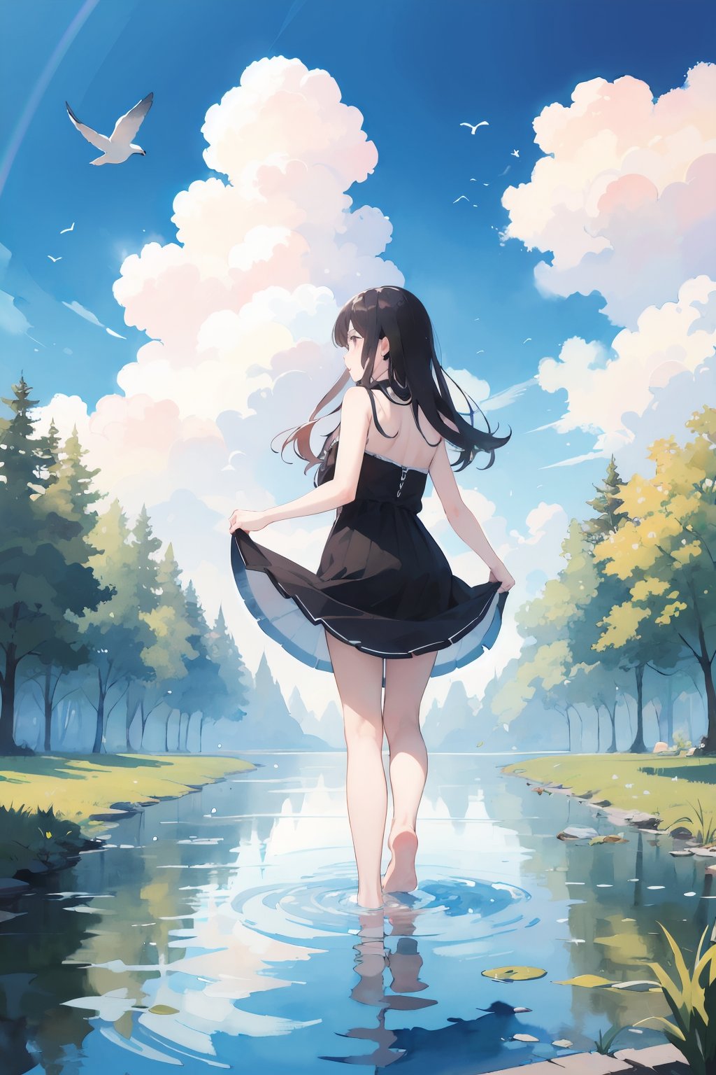 masterpiece, best quality, absurdres, illustration, watercolor, 1girl, solo, long hair, black hair, dress, skirt hold, wading, sleeveless, barefoot, bare shoulders, standing, from behind, outdoors, cloud, sky, bird, water, rainbow,