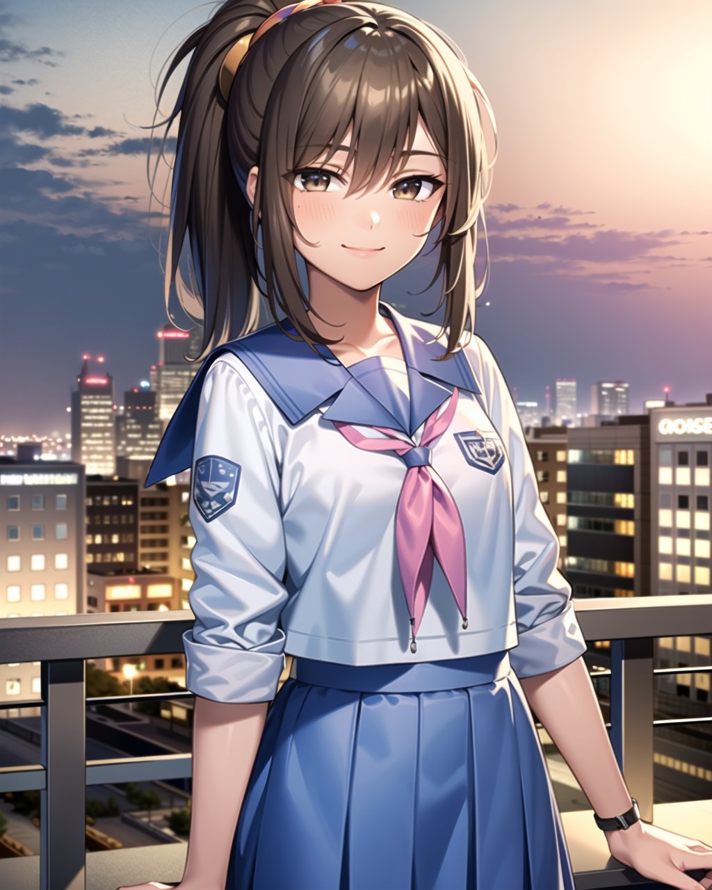 ((masterpiece)), ((best quality)), ((highres)), ((extremely detailed CG unity 8k wallpaper)), solo, <lora:hisako:1>, hisako, school uniform, lavender skirt, city, cowboy shot, brown eyes, ponytail, smile