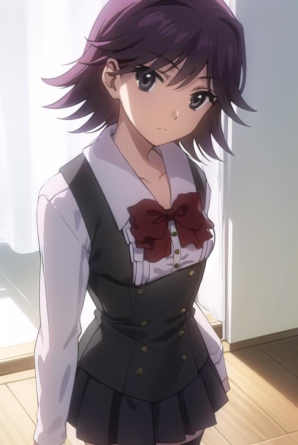 natsumikoizumi, <lora:natsumi koizumi s1-lora-nochekaiser:1>,natsumi koizumi, short hair, purple hair, (black eyes:1.5),BREAK skirt, thighhighs, school uniform, shoes, black thighhighs, zettai ryouiki, bow, red bow,BREAK indoors, classroom,BREAK looking at viewer, (cowboy shot:1.5),BREAK <lyco:GoodHands-beta2:1>, (masterpiece:1.2), best quality, high resolution, unity 8k wallpaper, (illustration:0.8), (beautiful detailed eyes:1.6), extremely detailed face, perfect lighting, extremely detailed CG, (perfect hands, perfect anatomy),