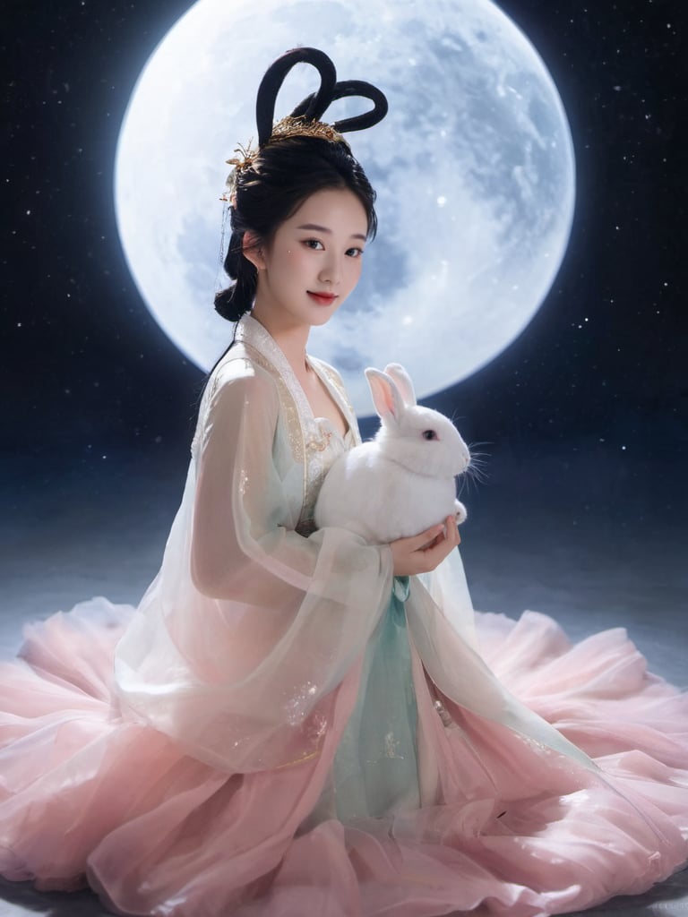 (Fairy Chang'e:1.5),1girl, animal, black hair, bunny, circle, crescent, cloud, dress, full moon, hair ornament, hanbok, hanfu, holding animal, lips, moon, moonlight, night, night sky, planet, realistic, red moon, sky, smile, solo,  white dress <lora:FairyChang:0.45>