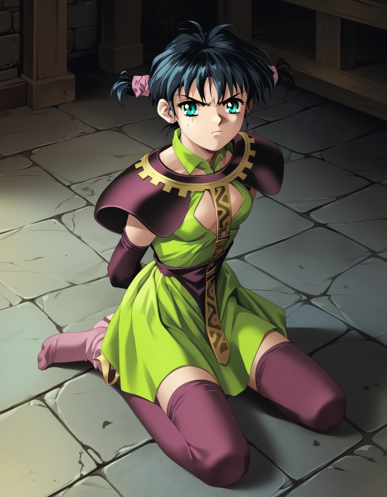 score_9,  score_8_up, score_7_up <lora:silvanna-ponyxl:1>  silvanna, green dress, purple thighhighs,1girl, solo, (glaring:0.6), looking at viewer, kneeling, stone floor, arms behind back, indoors, dungeon