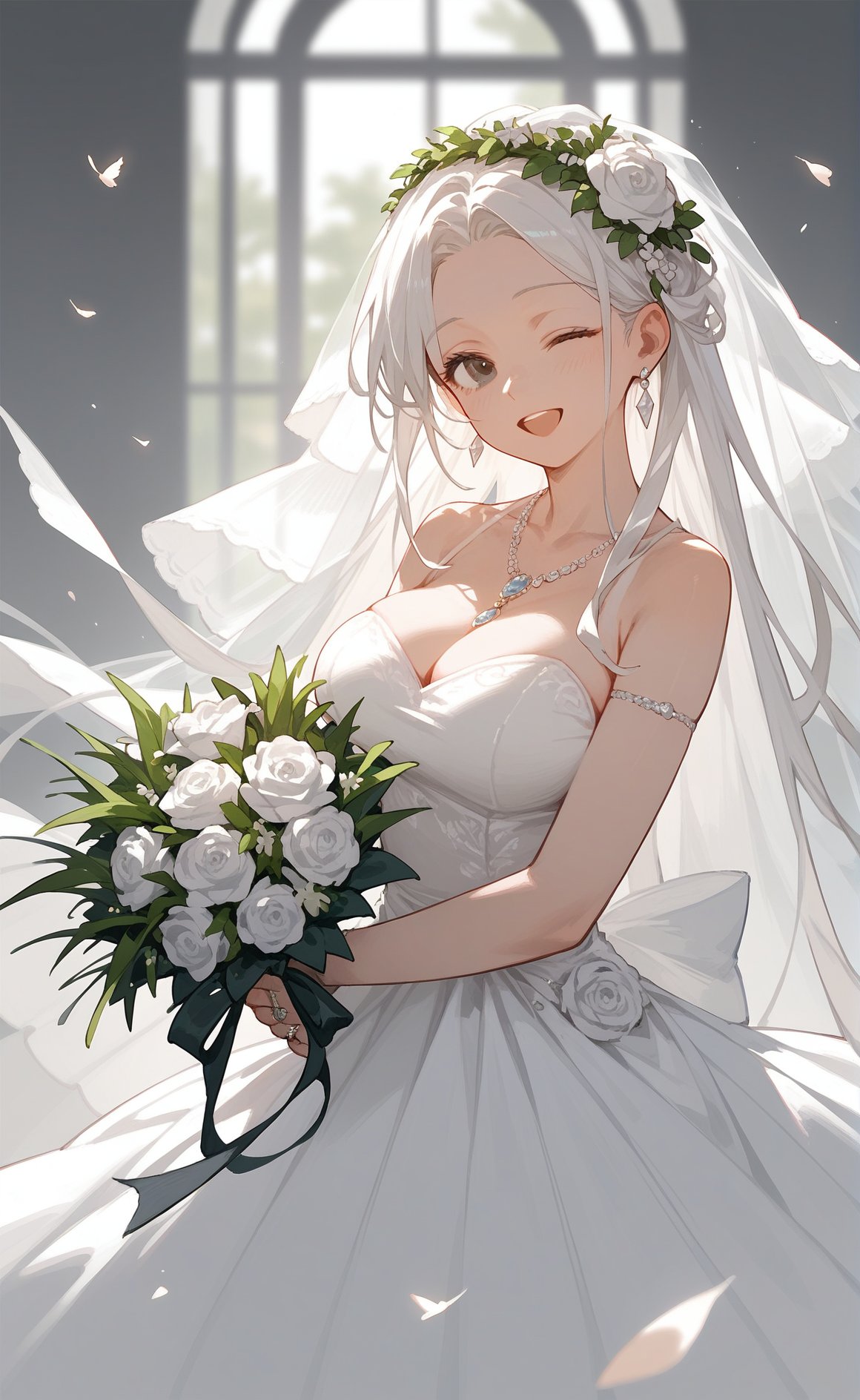 (score_9,score_8_up,score_7_up),1girl, flower, breasts, dress, jewelry, one eye closed, large breasts, long hair, hair ornament, cleavage, hair flower, bouquet, white dress, smile, white hair, holding, necklace, open mouth, ring, wedding dress